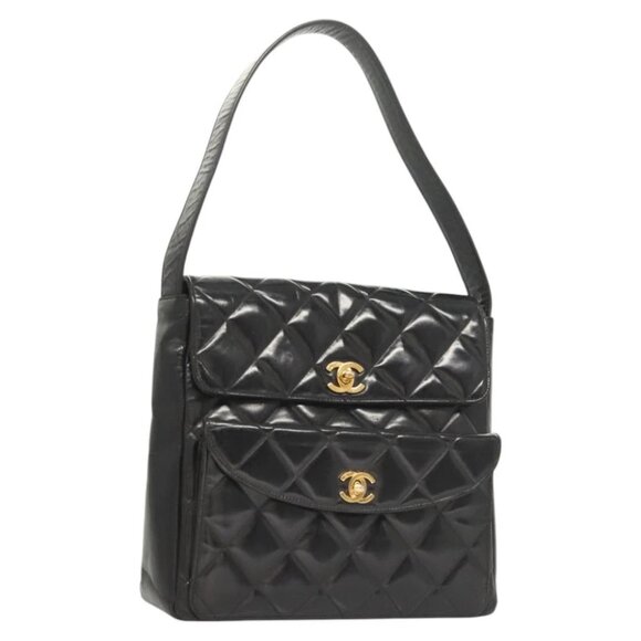 CHANEL Handbags - CHANEL Matelasse Chain Shoulder Bag Enamel Black Gold CC Auth 126363